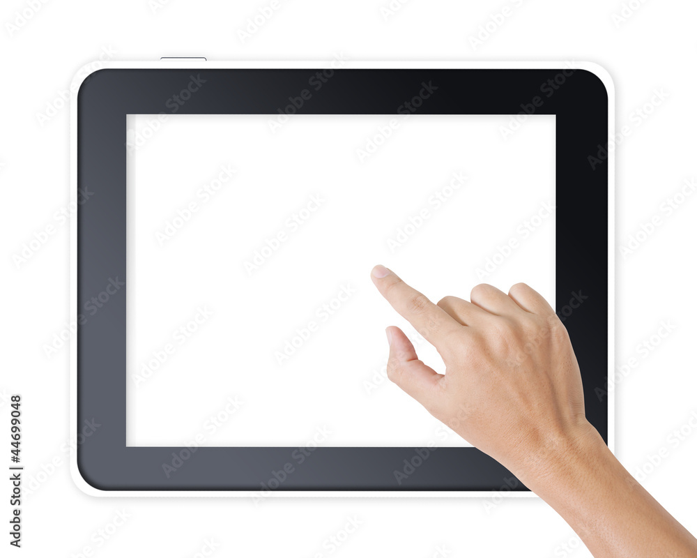 Man hand touching screen on modern digital tablet pc Man hand touching screen on modern digital tablet pc