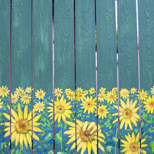 Sunflowers painting on fence wood