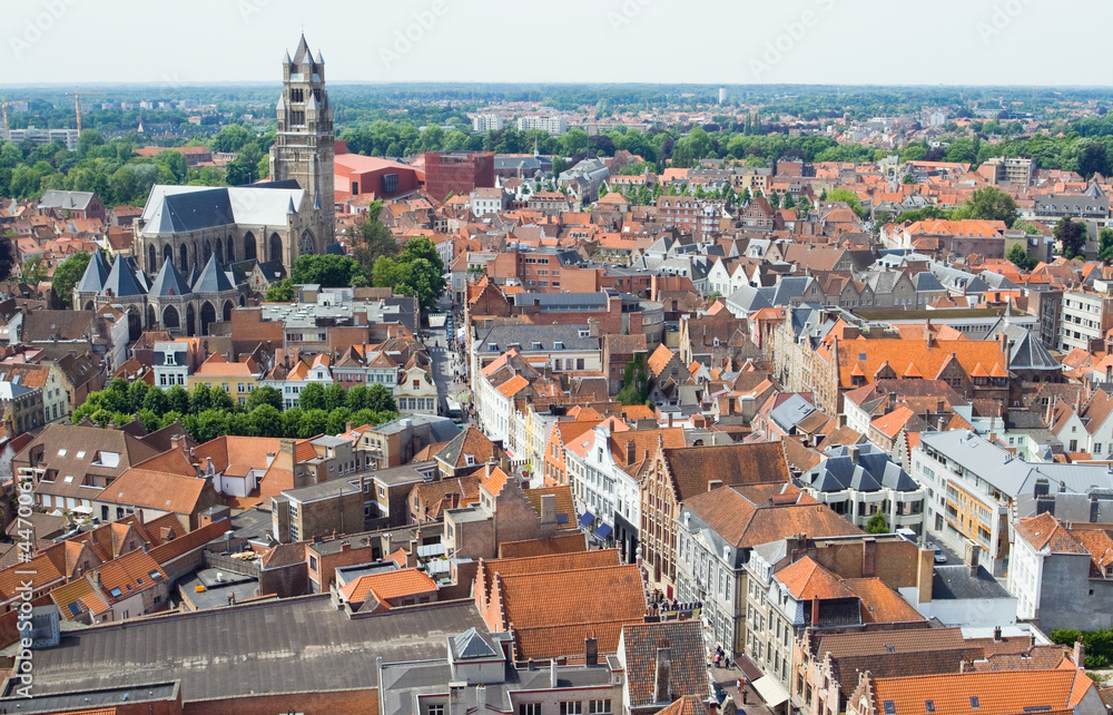 Top view of the red roofs of Bruges.