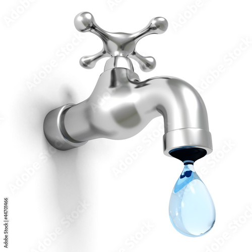 Dripping tap with drop on white background