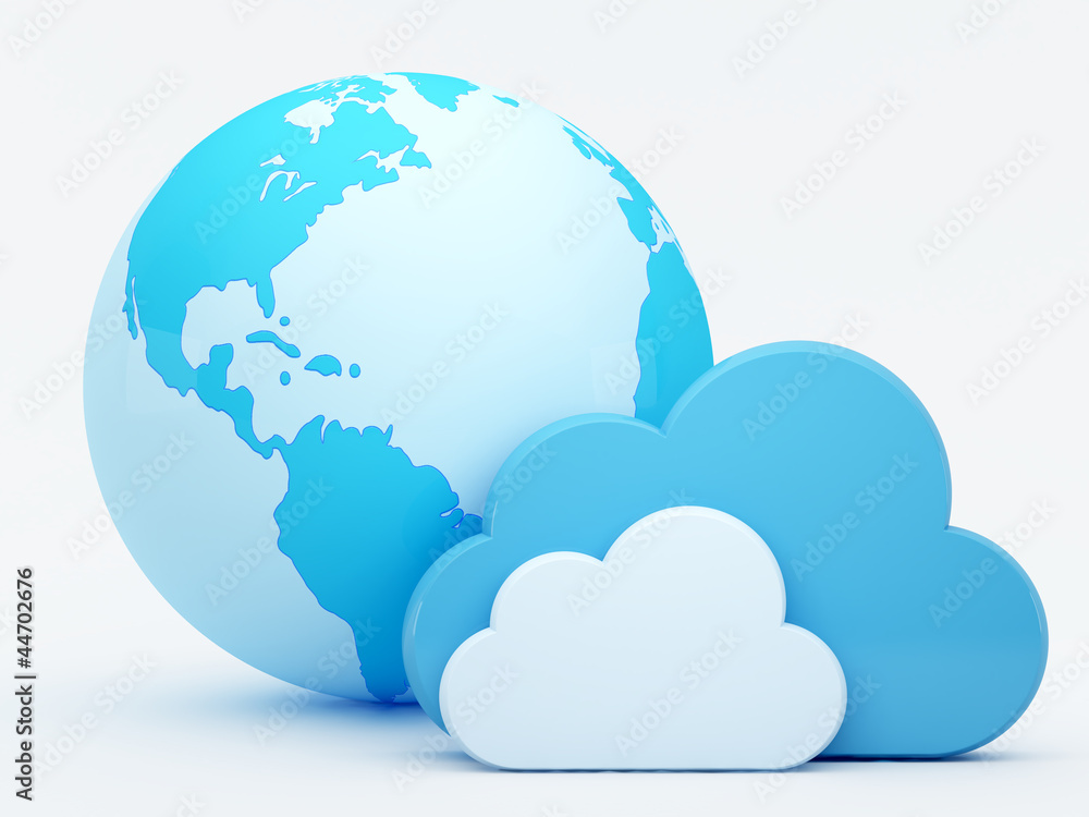 Cloud computing, clouds in front of the globe Cloud computing, clouds in front of the globe