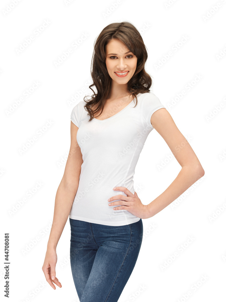 smiling teenage girl in blank white t-shirt smiling teenage girl in blank white t-shirt