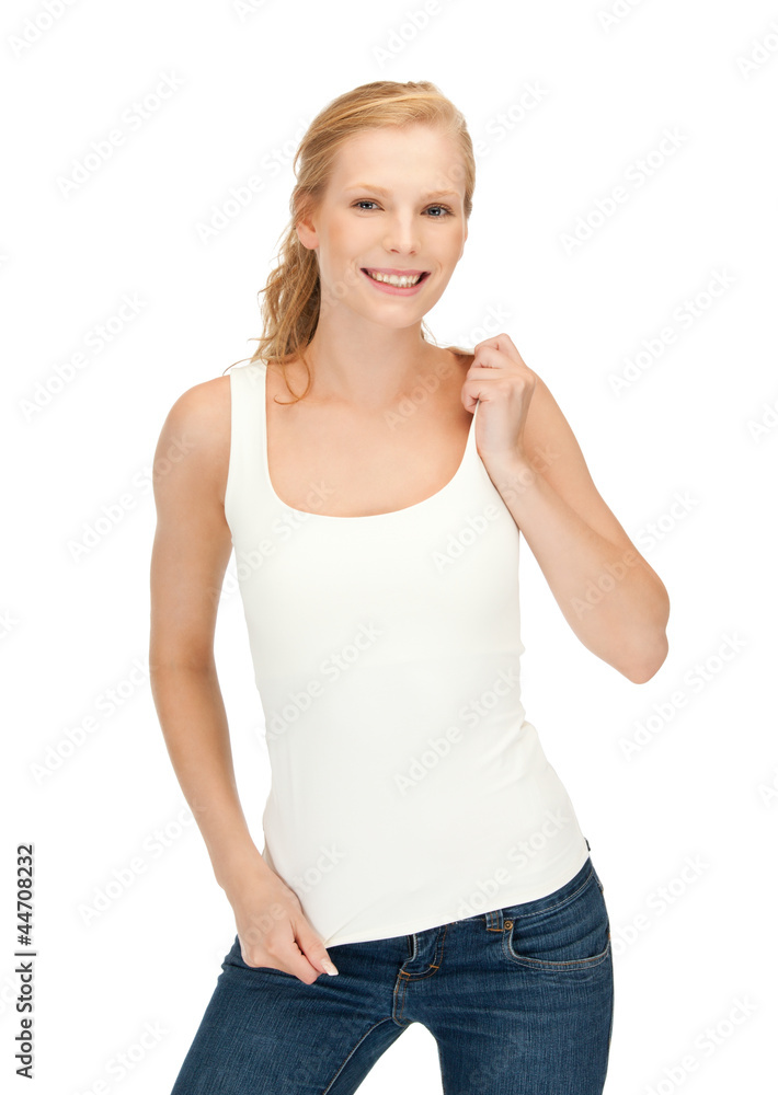 smiling teenage girl in blank white t-shirt smiling teenage girl in blank white t-shirt