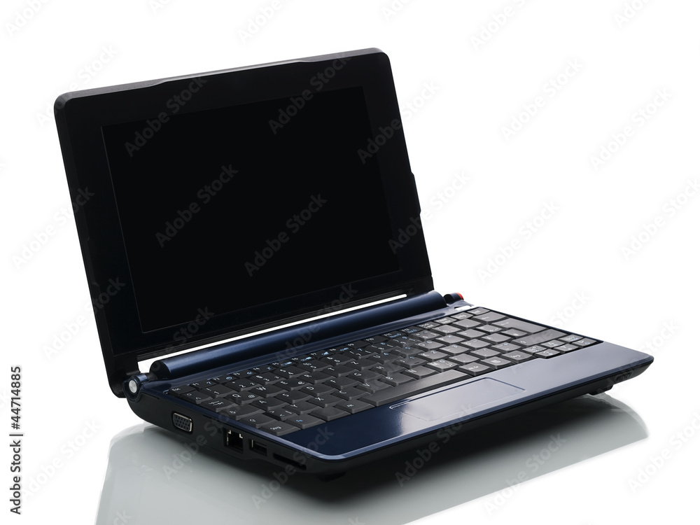 blauer computer mit schwarzem bildschirm von links blauer computer mit schwarzem bildschirm von links