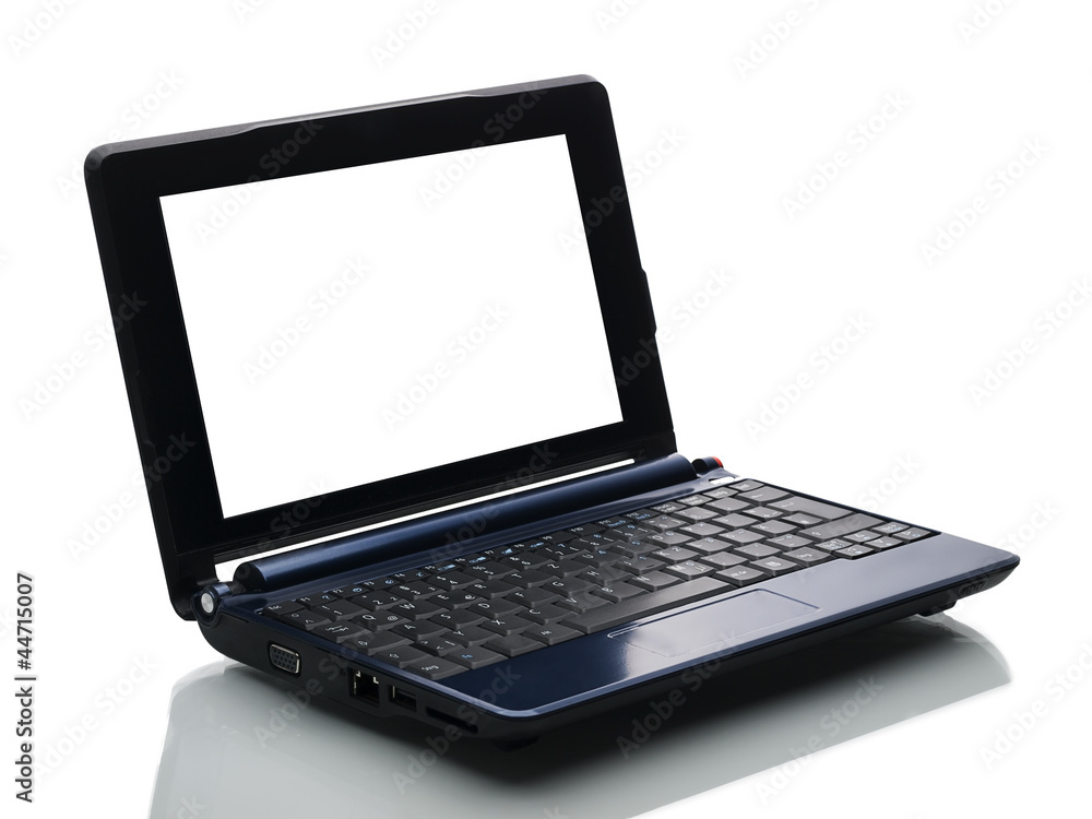 blauer computer mit weißem bildschirm von links blauer computer mit weißem bildschirm von links