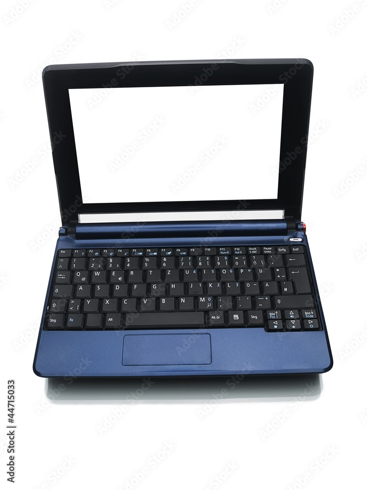 blauer computer mit weißem bildschirm von oben blauer computer mit weißem bildschirm von oben