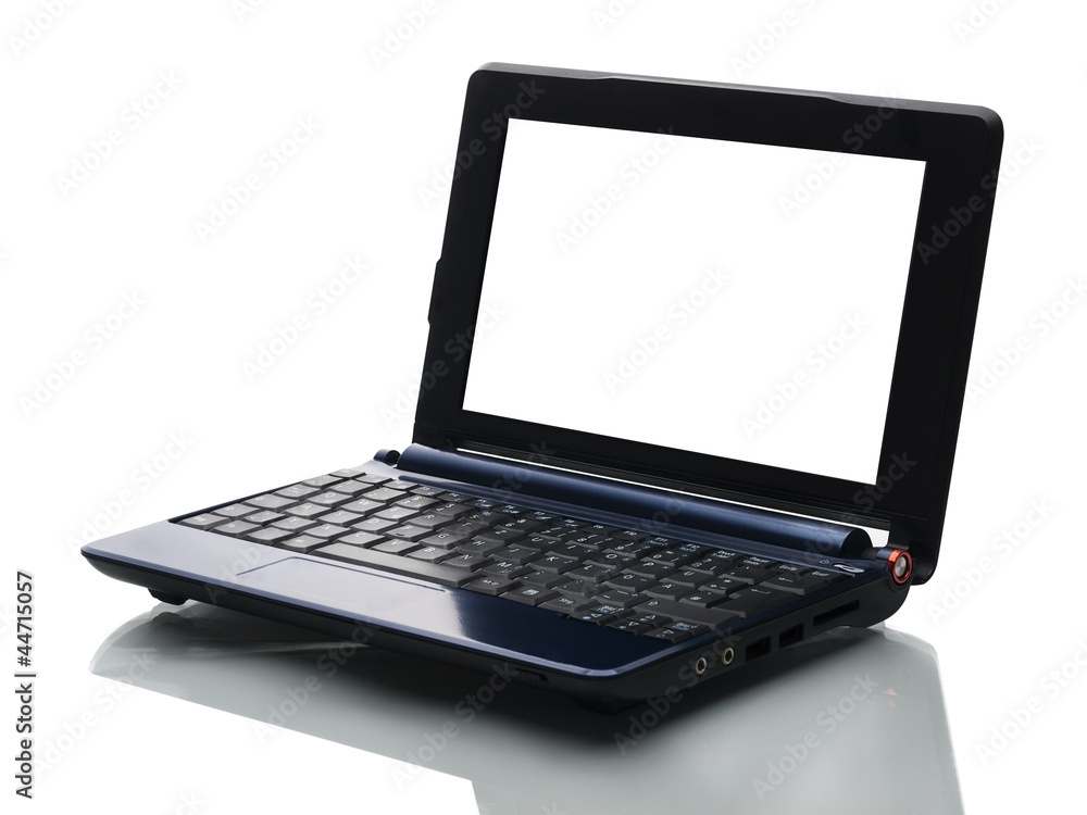 blauer computer mit weißem bildschirm von rechts blauer computer mit weißem bildschirm von rechts