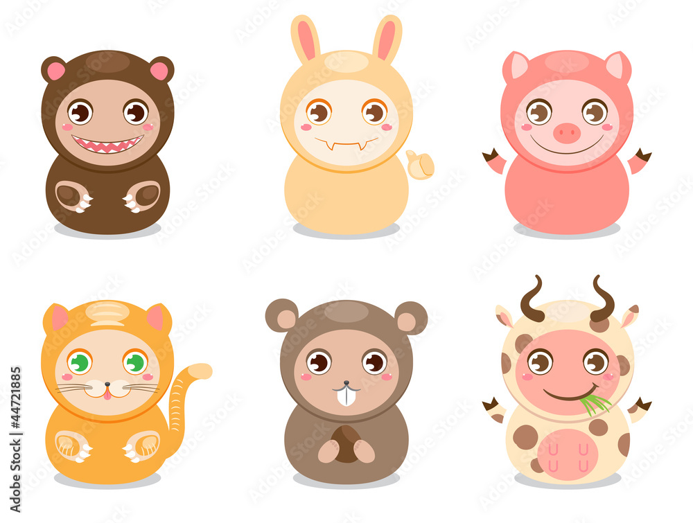 Set of six cute animals on a white background Set of six cute animals on a white background