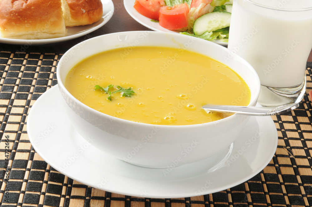 Butternut squash soup with salad Butternut squash soup with salad