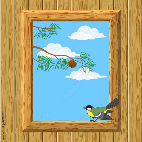 Wood window with titmouse