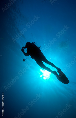 Silhouette of diver with sun disk behind