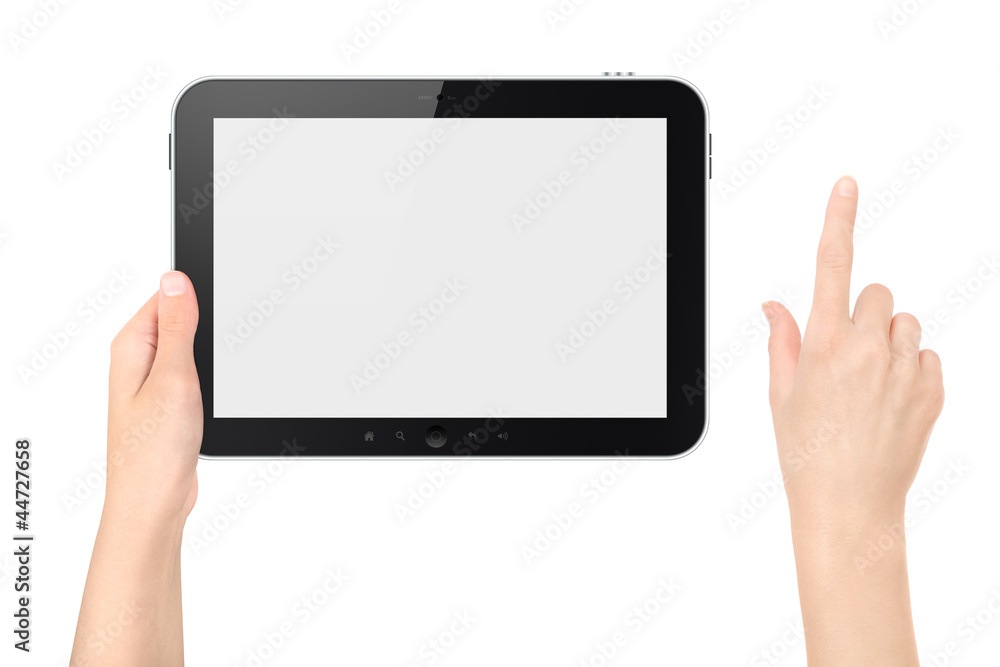 Holding Digital Tablet With Touching Hand Isolated Holding Digital Tablet With Touching Hand Isolated