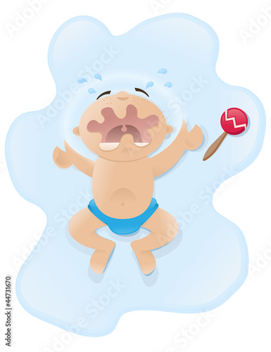 Baby with rattle crying in tear puddle