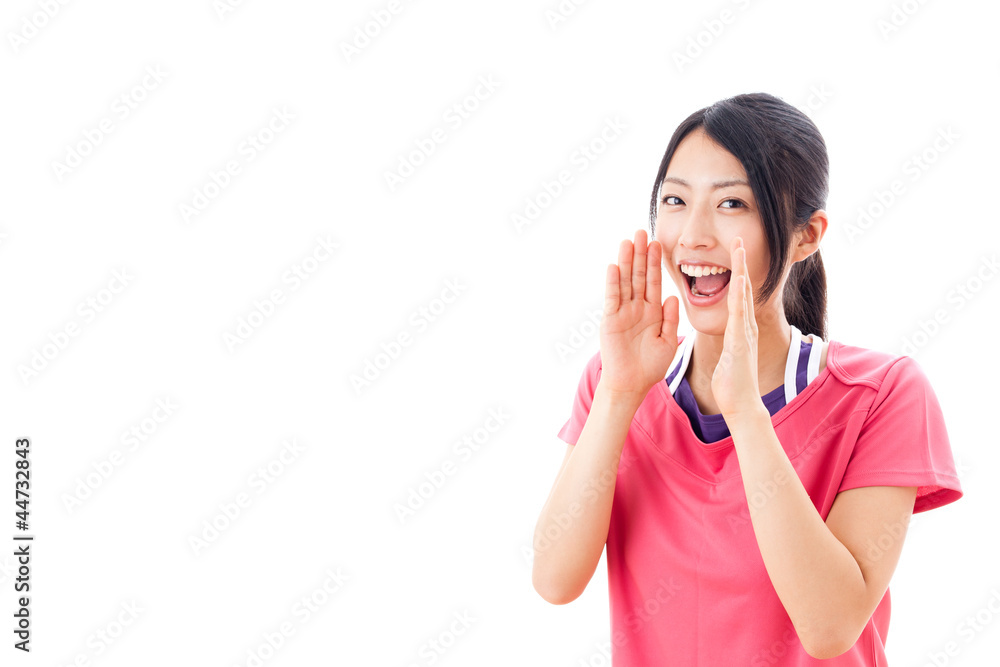 young asian woman cheering on white background young asian woman cheering on white background