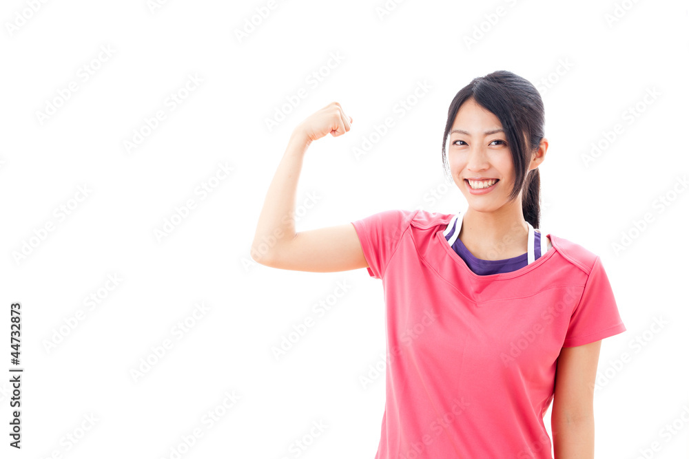 a beautiful asian woman showing muscle on white background a beautiful asian woman showing muscle on white background
