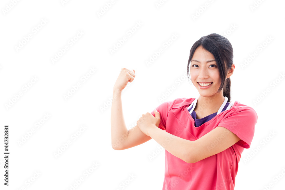 a beautiful asian woman showing muscle on white background a beautiful asian woman showing muscle on white background