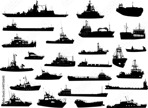 Set of 25 silhouettes of sea yachts, towboat and the ships