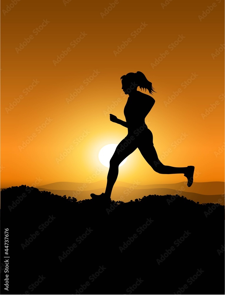 woman running and beautiful sunset