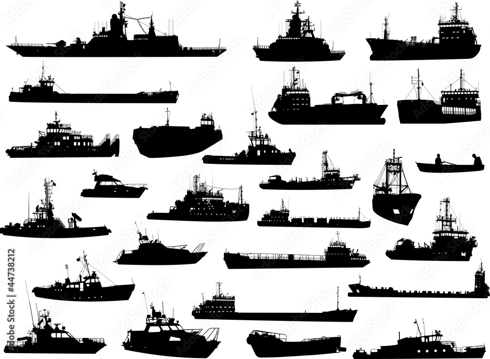 Set of 26 silhouettes of sea yachts, towboat and the ships - obrazy, fototapety, plakaty 