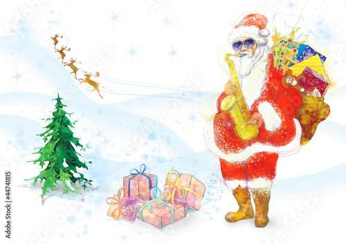 bearded Santa Claus playing the saxophone