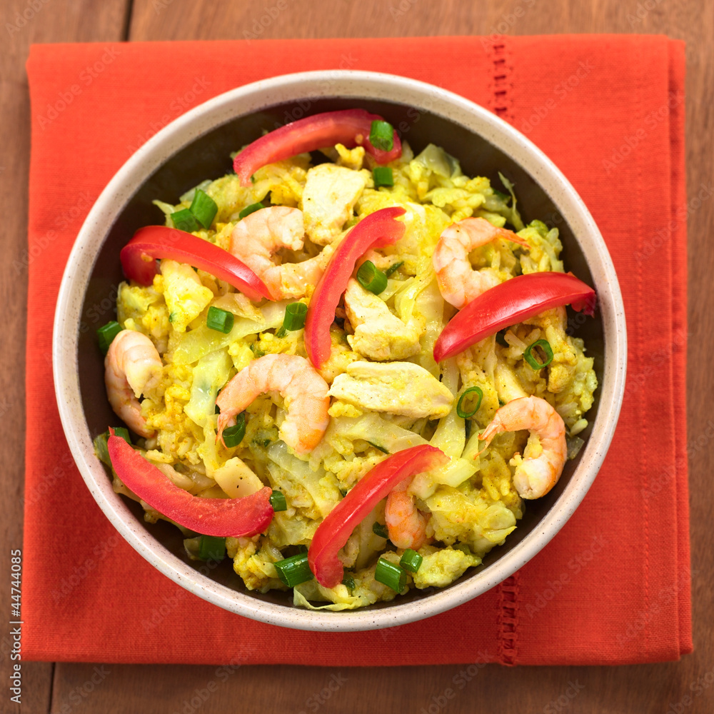 Rice dish with cabbage, chicken, shrimp, tomato, scallion Rice dish with cabbage, chicken, shrimp, tomato, scallion