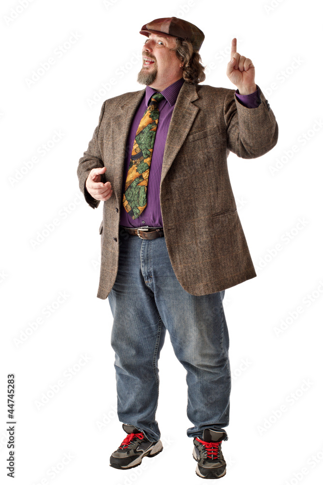 Large man stands with index finger raised Large man stands with index finger raised