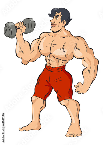 Cartoon illustration of a muscular man holding a dumbbell © rudall30