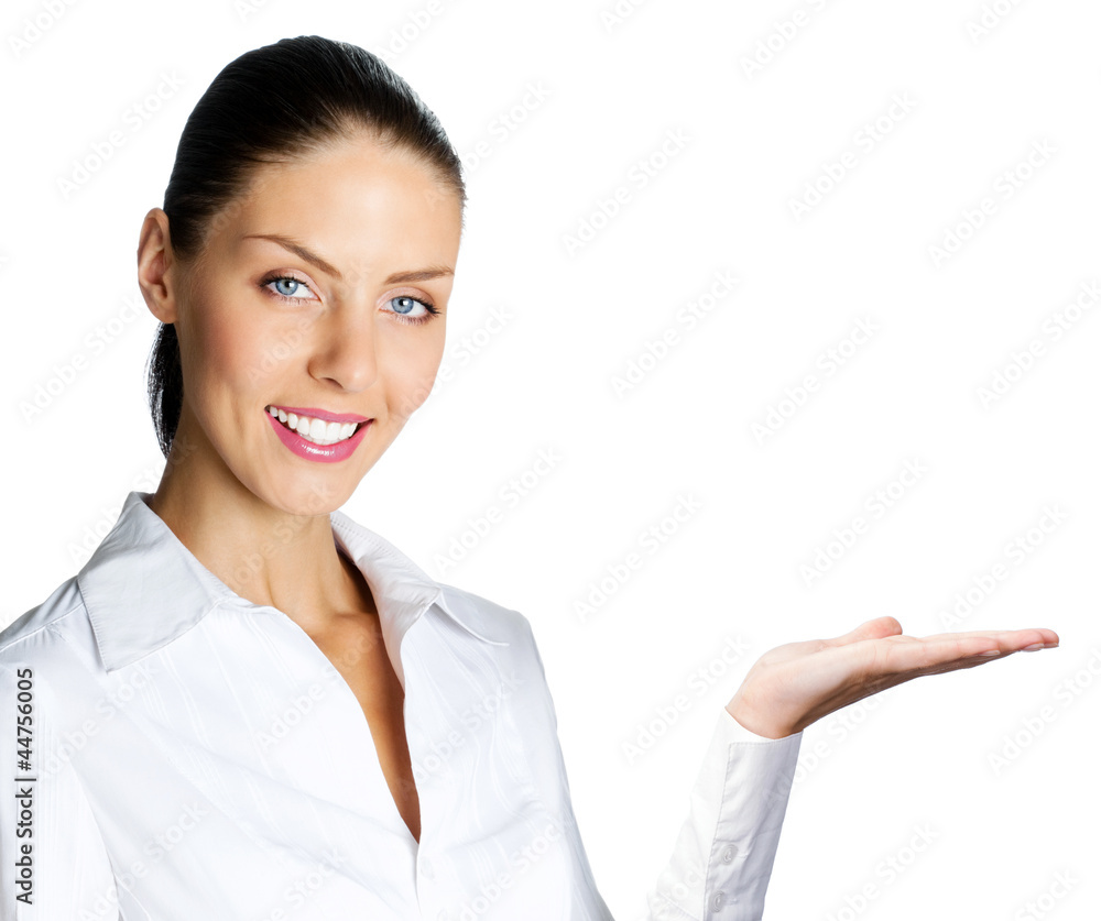 Cheerful businesswoman showing, over white Cheerful businesswoman showing, over white