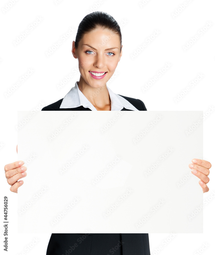 Cheerful business woman showing blank signboard, over white Cheerful business woman showing blank signboard, over white