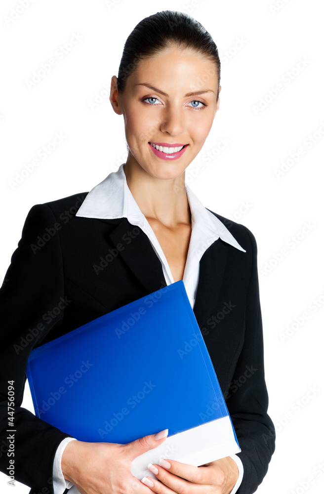 Cheerful businesswoman with folder, over white Cheerful businesswoman with folder, over white