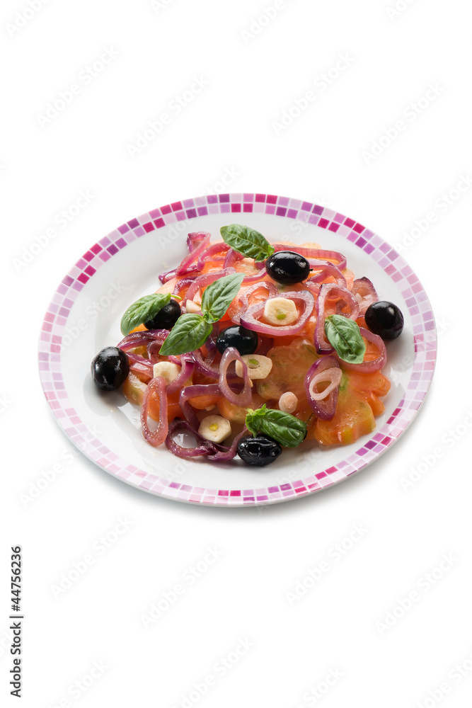 salad with ox heart tomatoes, onions olives and garlic salad with ox heart tomatoes, onions olives and garlic