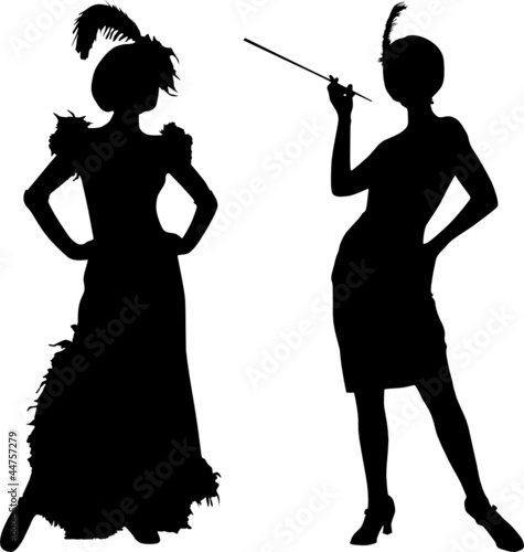 Silhouettes of women with retro costumes from cabaret
