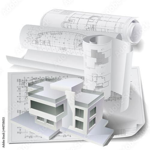 Architectural background with a 3D building model