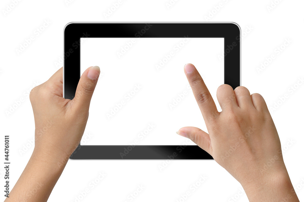 Hand woman holding and touching on tablet-pc Hand woman holding and touching on tablet-pc