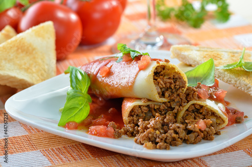 Cannelloni mit Hackfleisch und Tomatensoße photo