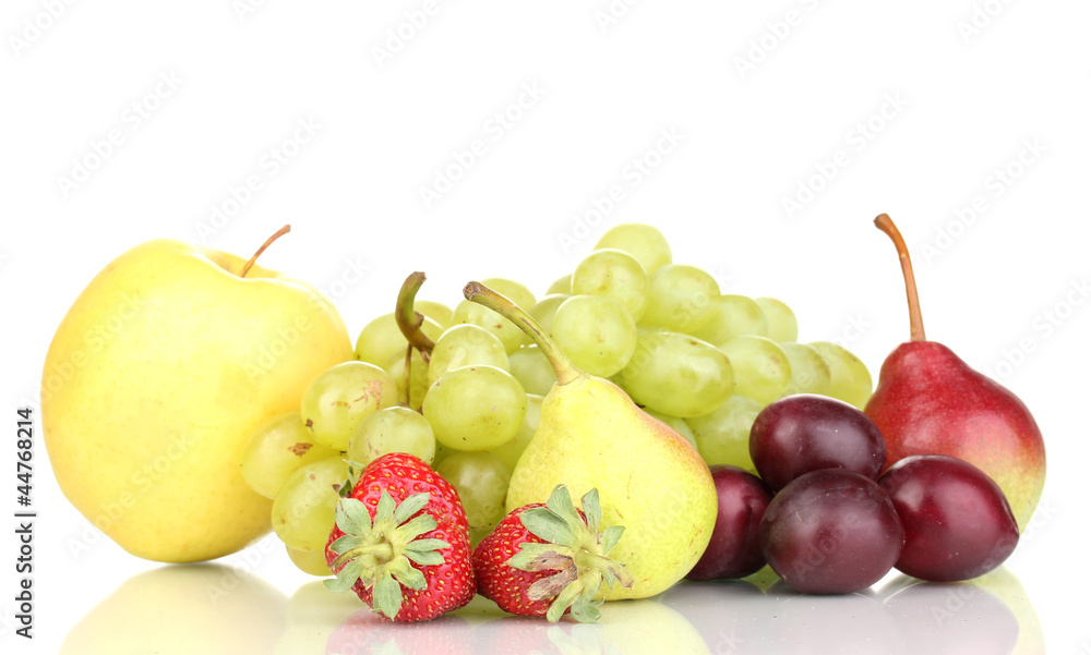 Mix of ripe sweet fruits and berries isolated on white Mix of ripe sweet fruits and berries isolated on white