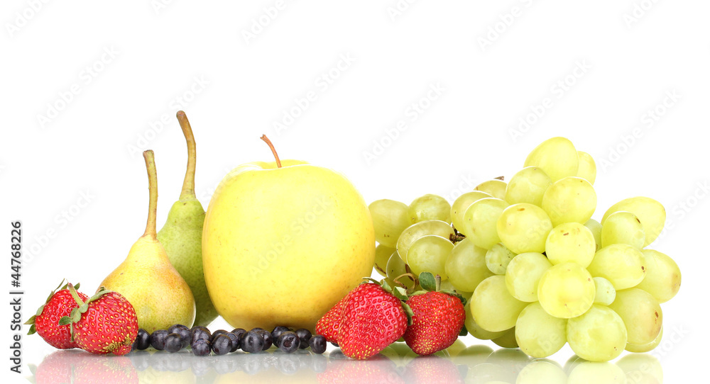 Mix of ripe sweet fruits and berries isolated on white Mix of ripe sweet fruits and berries isolated on white