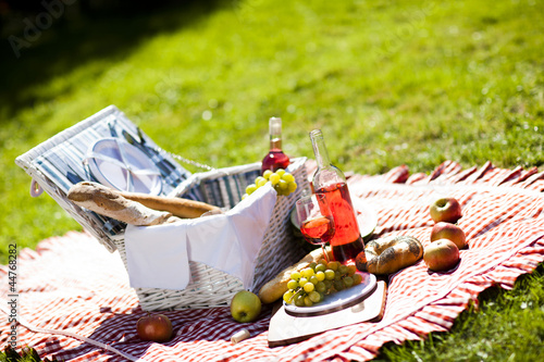 Fresh food from picninc basket on grass in the garden