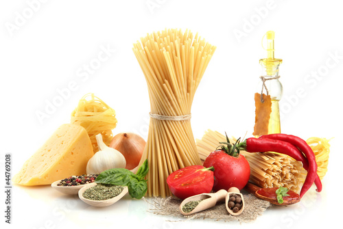 Pasta spaghetti, vegetables, spices and oil, isolated on white