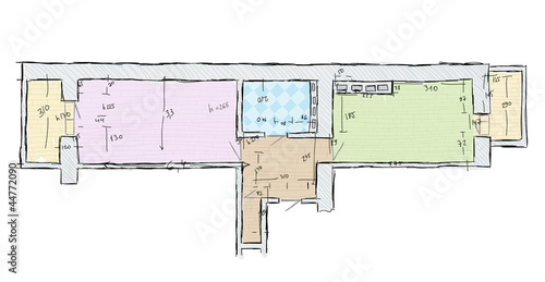 Plan of apartment with dimensions, hand drawn sketch