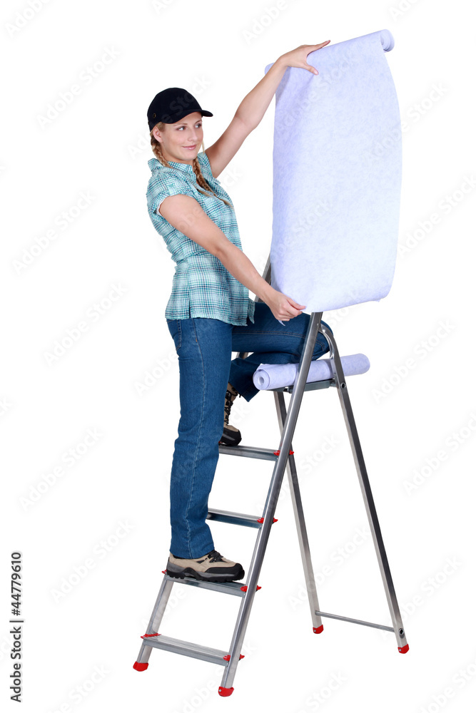 craftswoman painter on a ladder holding a wallpaper craftswoman painter on a ladder holding a wallpaper