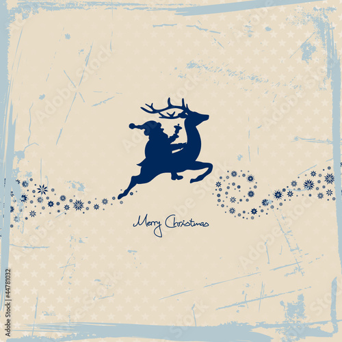 Santa Riding Reindeer Stars Blue Retro Beige Background
