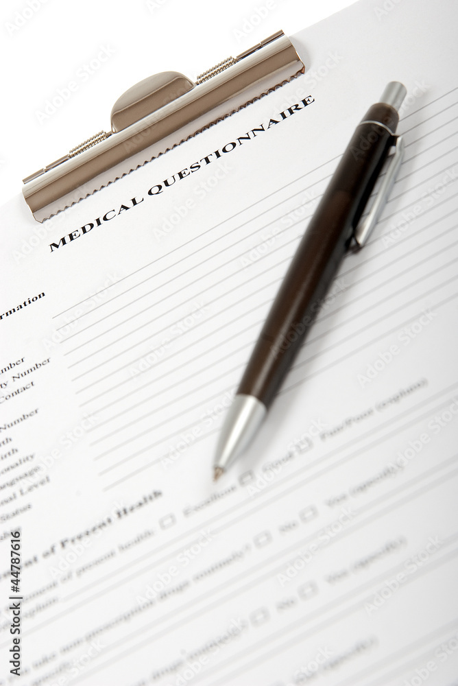 Medical Questionnaire document in a clipboard Medical Questionnaire document in a clipboard