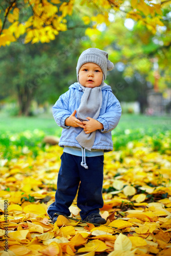 cute baby boy stands among fallen leaves in autumn park