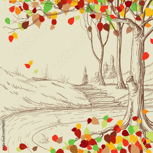 Autumn tree in the park sketch, bright leaves falling