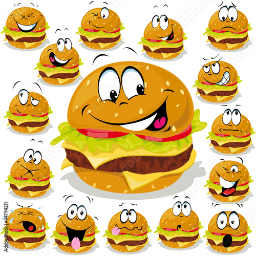 hamburger cartoon illustration with many expressions