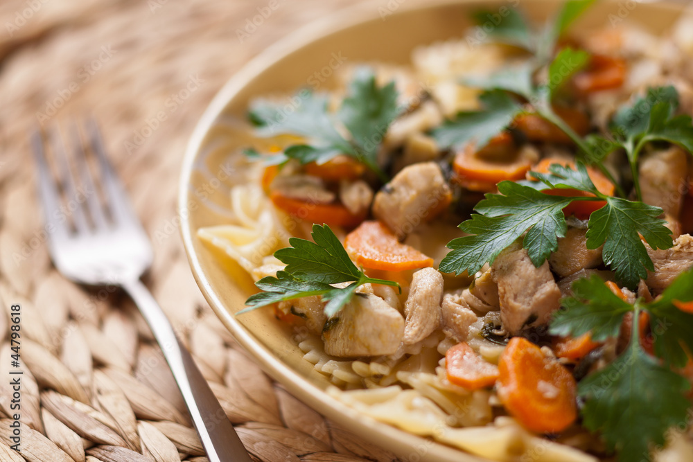 Chicken with noodles and carrots - obrazy, fototapety, plakaty 