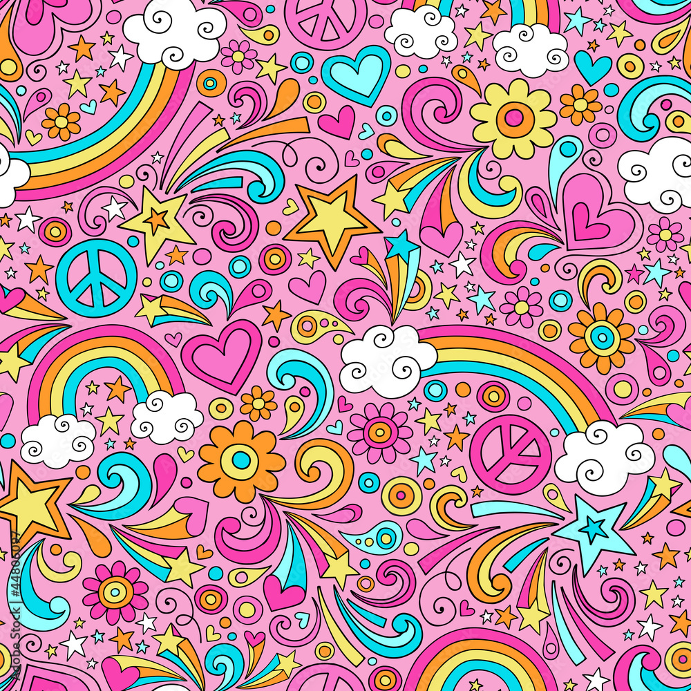 Fototapeta premium Peace and Rainbows Psychedelic Doodle Seamless Vector Pattern