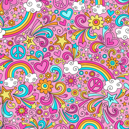 Peace and Rainbows Psychedelic Doodle Seamless Vector Pattern