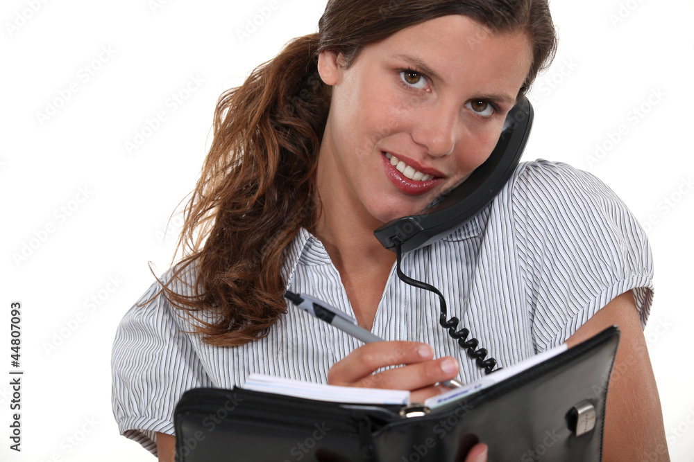 pretty businesswoman on the phone holding agenda